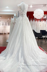 Long A-line V-neck Tulle Lace White Ruffles Wedding Dress
